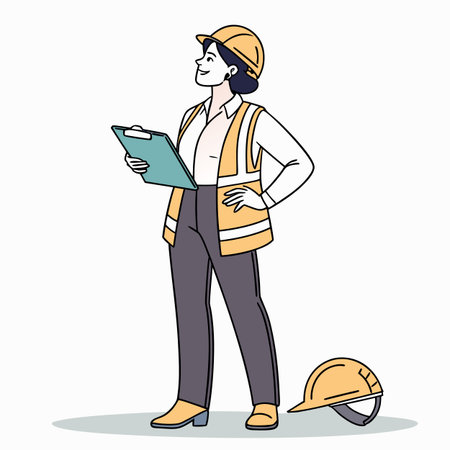 A vector illustration of a female construction engineer holding a clipboard, looking professional and ready to plan or inspect a project.のイラスト素材