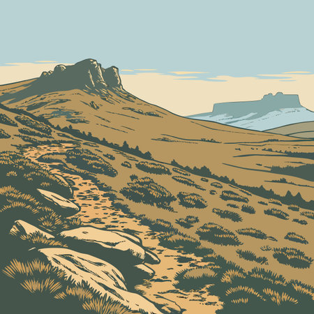 This outline illustration depicts a vast mountain plateau with distant, majestic peaks, conveying a sense of epic scale and natural beauty.のイラスト素材