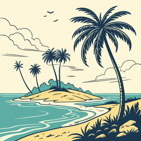 A tropical island landscape illustration featuring palm trees and a clear water line, perfect for travel and vacation themes.のイラスト素材