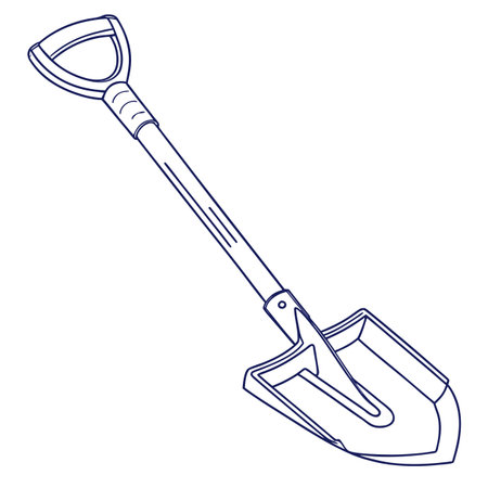 A simple, clean line art drawing of a shovel shown in a side profile, perfect for gardening, construction, or tool concepts.のイラスト素材