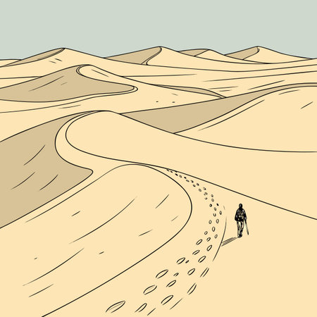A minimalist desert scene featuring rolling dunes and a clear horizon line under a vast sky.のイラスト素材