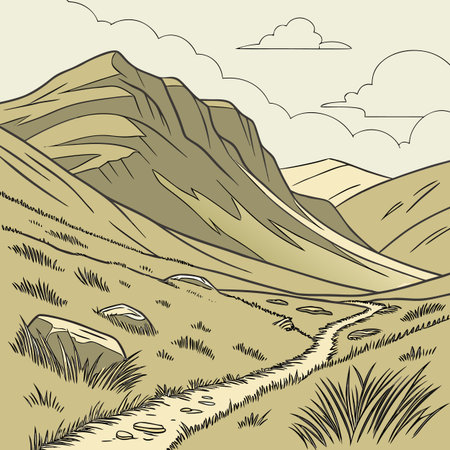 A peaceful, minimalist line art illustration depicting a scenic curved mountain valley adorned with long, flowing grass.のイラスト素材