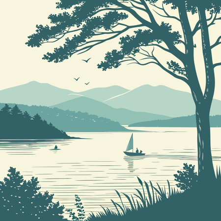 A beautiful lake scene showcasing distant mountains under a clear sky, with subtle ripples on the water.のイラスト素材