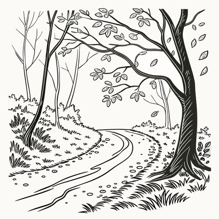 A peaceful illustration depicting a forest path in spring, adorned with thin, scattered leaves and bathed in soft, inviting sunlight.のイラスト素材