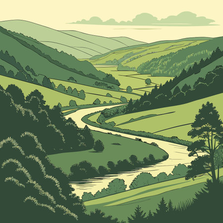 A picturesque vector outline depicting a serene valley landscape with a gracefully winding river flowing through it, perfect for nature themes.のイラスト素材