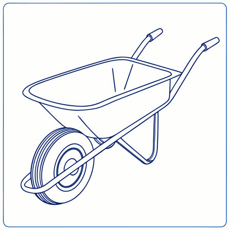 A clear and functional vector outline of a wheelbarrow, featuring a simple circular wheel, representing gardening, construction, or hauling.のイラスト素材