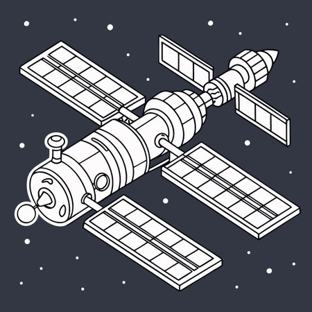 An intricate outline illustration of a modular space station, highlighting advanced construction and orbital habitats.のイラスト素材