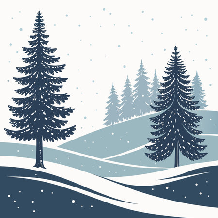 A serene vector illustration of snow-covered rolling hills adorned with dark silhouettes of pine trees, capturing the quiet beauty of a winter landscape.のイラスト素材