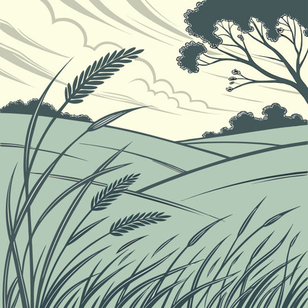 An abstract vector illustration of a vast, windy plain, featuring dynamic flow lines indicating movement and the gentle sway of grass in the breeze.のイラスト素材