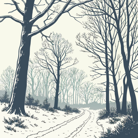 A simple vector illustration of a snowy winter forest featuring bare trees, capturing the tranquil and stark essence of the cold season's beauty.のイラスト素材