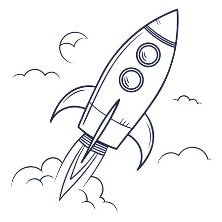 A minimalist thin line art illustration of an upright rocket with fins, symbolizing space travel, innovation, launch, and technological advancement.のイラスト素材