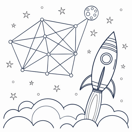 An abstract line art illustration of a star constellation, positioned near a rocket to symbolize space exploration and discovery.のイラスト素材