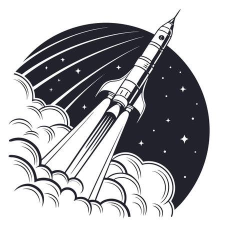 A sleek, simple line art illustration depicting a rocket launching vertically into space with delicate exhaust trails.のイラスト素材