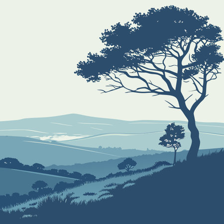 A serene hilltop viewpoint illustration with a clean horizon and a single tree, evoking peace and vastness.のイラスト素材