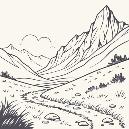 A tranquil, simple line art illustration showcasing a curved mountain valley covered with distinct, short grass textures.のイラスト素材