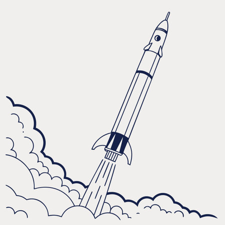 A minimalist illustration of a rocket launching, shown from the side view with a clean, thin outline and simple form.のイラスト素材