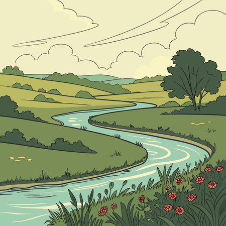 An artistic representation of a river bending through a landscape, depicted with smooth, flowing lines creating a tranquil scene.のイラスト素材