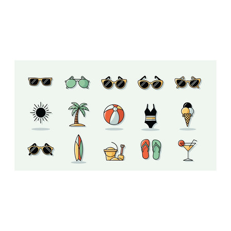 A cheerful collection of flat design icons for a summer beach theme, featuring sunglasses, the sun,...