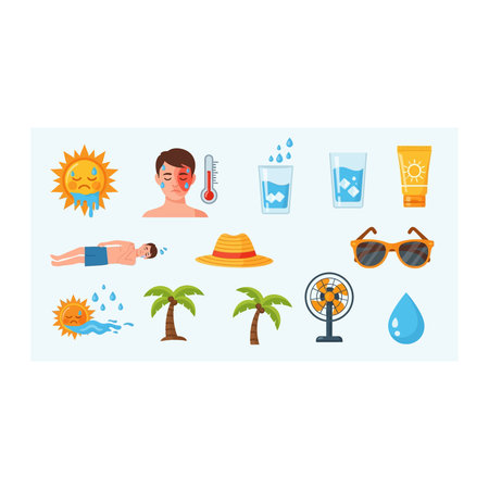 A colorful collection of flat vector icons illustrating dangers of summer heat, sunstroke symptoms,...