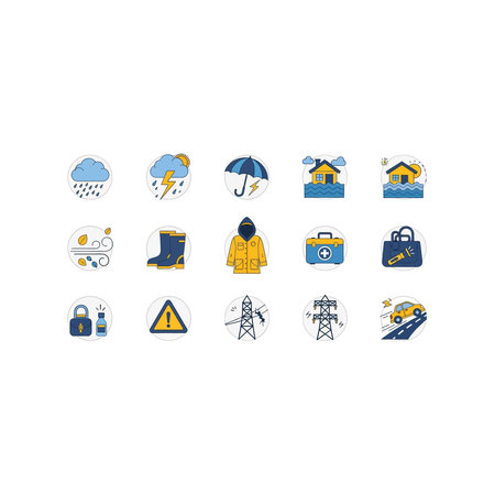 A clear set of outline icons with color fills, representing natural disasters, weather events, and...