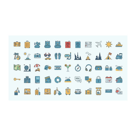 A comprehensive set of flat design icons representing various aspects of travel and vacation,...