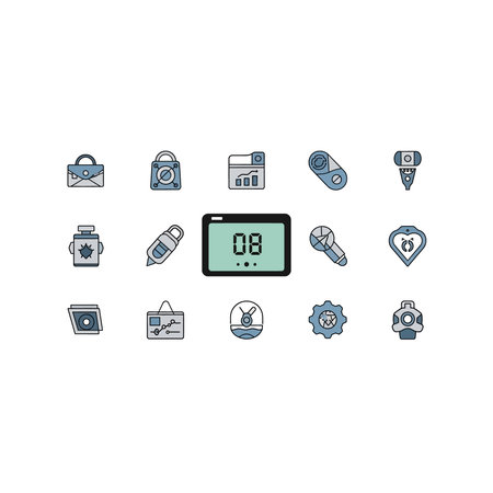A diverse set of colorful filled outline icons representing various concepts across business,...