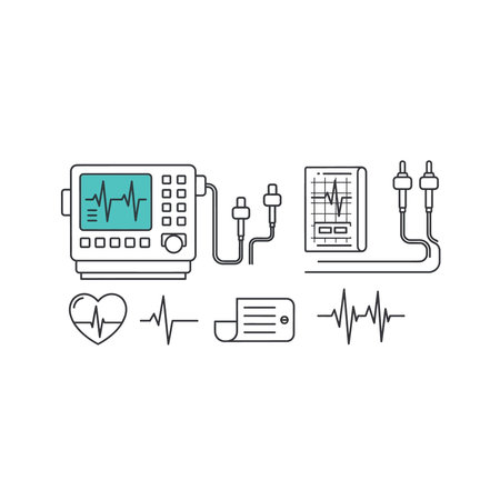 This is a vector graphic illustration of a medical device with a heart rate monitor and various connected accessories. The design is flat and minimal, with a simple line art style. The graphic represents a medical device used for monitoring heart rate and other vital signs, and could be used as an icon or symbol in a medical or healthcare context. The background is transparent, making it easy to use in a variety of designs.のイラスト素材