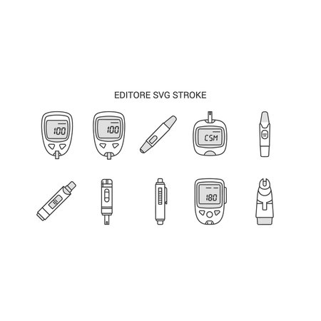 Set of linear icons of glucose meter and digital glucometer. Vector illustrationのイラスト素材