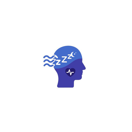 This vector graphic illustration depicts a person's head in a minimalist and modern style, with a creative thought process represented by waves and a bird flying out of the head. The design is a flat, silhouette-style icon with a blue and purple color scheme, conveying a sense of imagination, innovation, and inspiration. The graphic can be used to represent concepts such as creativity, problem-solving, and mental well-being in various design projects.のイラスト素材