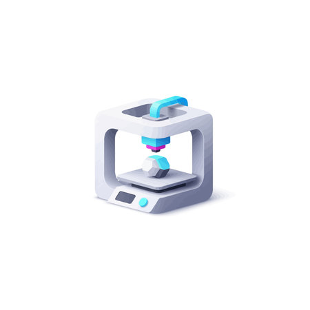 This vector graphic depicts a 3D printer in action, creating a vibrant blue object. The printer is...