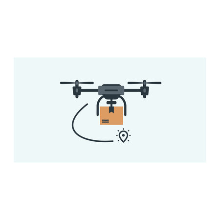 Drone with package flat color icon. Quadcopter with box. Vector illustrationのイラスト素材