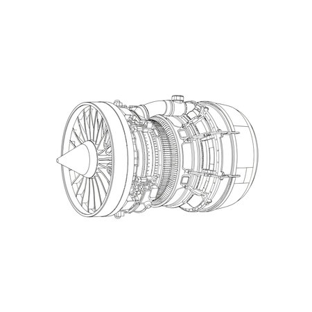Jet engine. Wireframe low poly mesh vector illustration on white background.