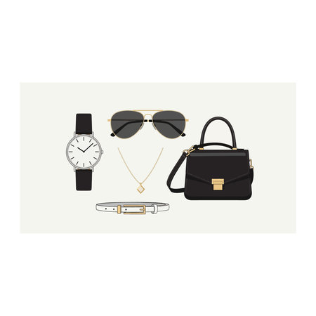 Women's accessories set. Handbag, sunglasses, watch, bag. Vector illustration