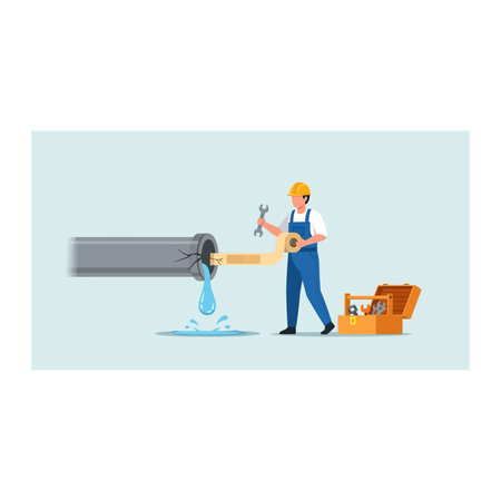 Flat design vector illustration of a plumber using a wrench to repair a pipe.