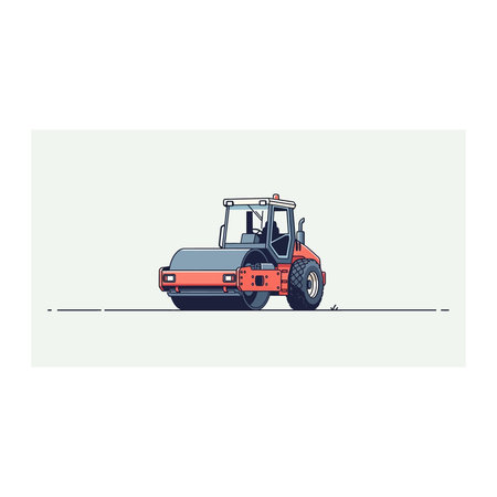 A flat design illustration of a red road roller, a type of construction vehicle used for compacting...