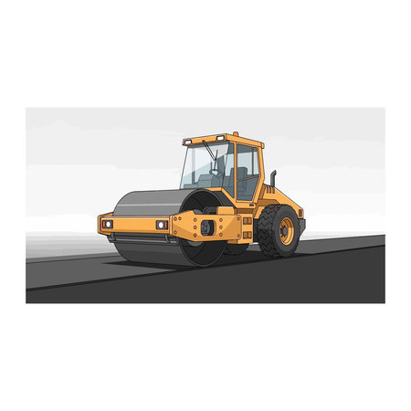 A detailed illustration of a yellow road roller compacting asphalt on a road. This heavy...