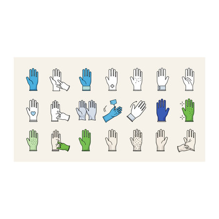 A diverse set of flat icons featuring different types of gloves, hand gestures, and hand-related...