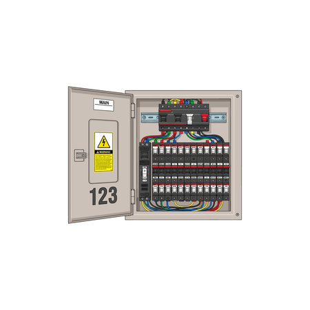 An open view of an electrical distribution box, displaying numerous circuit breakers, fuse holders,...