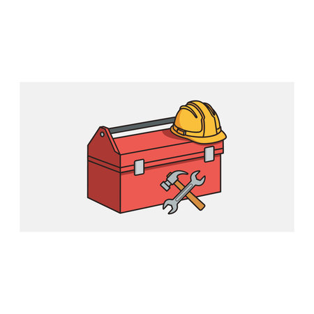A vibrant illustration of a construction toolbox accompanied by a hard hat, wrench, and hammer,...