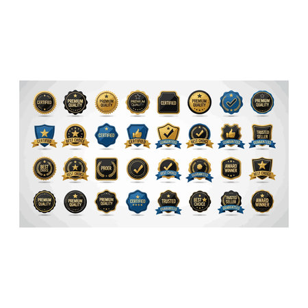 A luxurious collection of golden seals and blue ribbons for marketing, awards, and product...