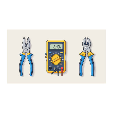 A collection of electrical repair tools featuring two pairs of pliers and a digital multimeter,...