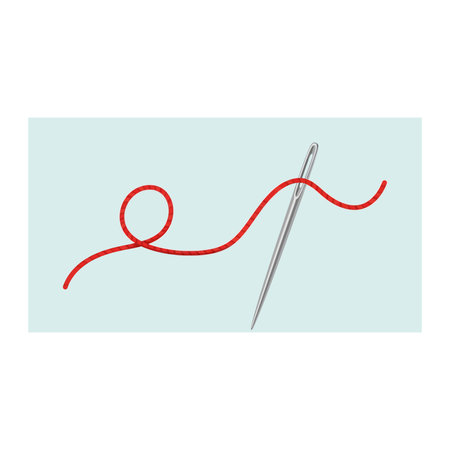 A simple illustration of a needle with red thread, representing sewing, tailoring, or crafting...
