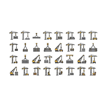 A collection of diverse icons representing various types of construction cranes and lifting equipment, rendered in a flat, modern style. Excellent for industry-related websites, presentations, orのイラスト素材