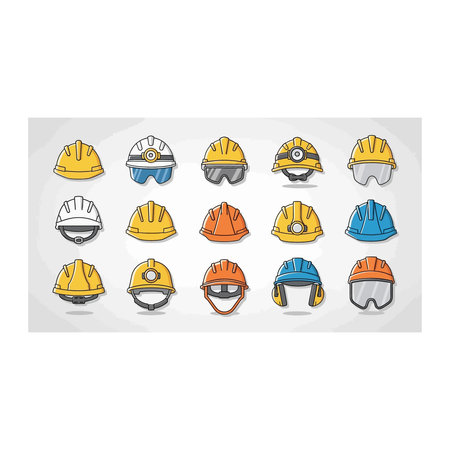 A set of diverse flat design icons featuring various styles of construction hard hats, symbolizing...