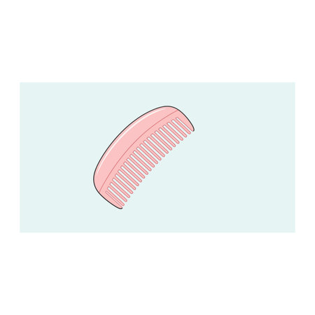 A simple illustration of a pink comb with a curved design, set against a soft, light blue...