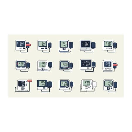A comprehensive collection of flat-style icons featuring various medical monitoring devices,...