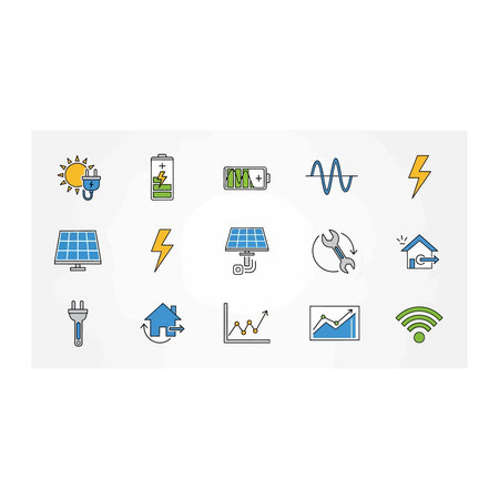 A set of vector icons illustrating renewable energy sources like solar and wind power, along with...