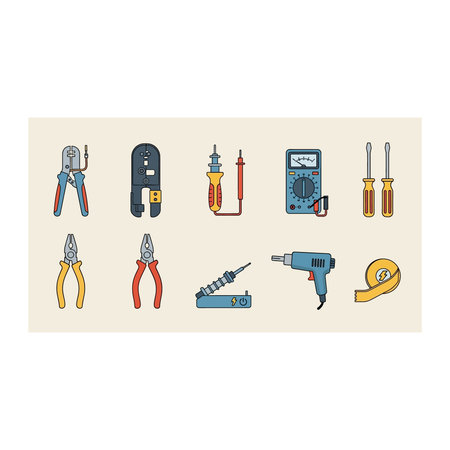 A focused set of flat design icons representing essential electrical and electronic tools, including...