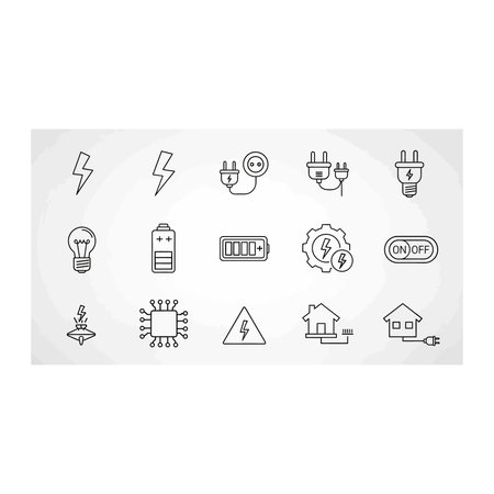 A diverse collection of outline and partially filled icons representing electrical energy, power,...