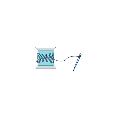 A minimalist line art illustration of a light blue thread spool and a sewing needle, suitable for...